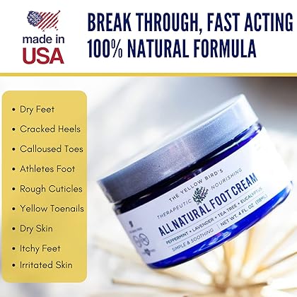 Yellow Bird Natural Foot Cream - For Dry and Cracked Feet Repair. Organic Athlete’s Foot Balm. Salve Moisturizer for Heel Care & Callus Treatment with Tea Tree Oil & Peppermint Essential Oils
