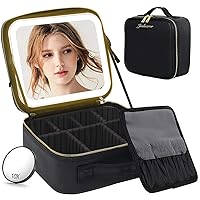 Jadazror Makeup Bag with Mirror and Light 3 Colors, Travel Makeup Bag with Mirror Portable Lighted Makeup Bag Organizer Cosmetic Case with 2-Layers Adjustable Dividers & 10X Magnifying Mirror(Black)