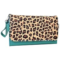 Clutch Wristlet Wallet for 4-Inch Smartphones - Retail Packaging - Green with Brown Leopard Spots