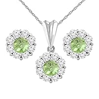 14K White Gold Natural Peridot Earrings and Pendant Set with Diamond Halo Round 6 mm