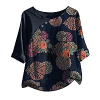 Plus Size Summer Tops for Women Cotton Linen Short Sleeve Blouses Floral Print Crew Neck Tshirts Loose Comfy Lightweight Tees