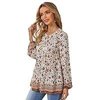 Women's Tops Sexy Tops for Women Shirts Floral Pattern Single Button Placket Bishop Sleeve Blouse Shirts for Women (Color : Multicolor, Size : Large)