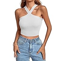 Women's Criss Cross Halter Tank Tops Solid Ribbed Knit Sleeveless Shirt Backless Slim Fit Crop Top Casual Basic Cami