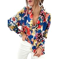 Astylish Womens Floral Print Button Down Shirts Long Sleeve Blouse Tunic Shirts