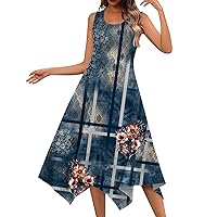 Women's Summer Dresses Sparkly Dresses for Women 2024 Summer Print Fashion Casual Flowy Elegant with Sleeveless Crewneck Tunic Dress Complexion Large