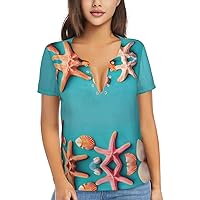 Ocean Beach Theme Women's Flowy Tops,V-Neck T-Shirts, Plus Size Blouses with Short Sleeves, Suitable for Summer,Work Wear