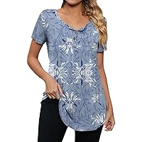 Floral Tops for Women 2024 Summer Bohemian Casual Pretty Fashion with Short Sleeve Button Neck Ruched Shirts