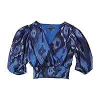 GUESS Womens Printed Surplice Crop Top Blouse, Blue, Small