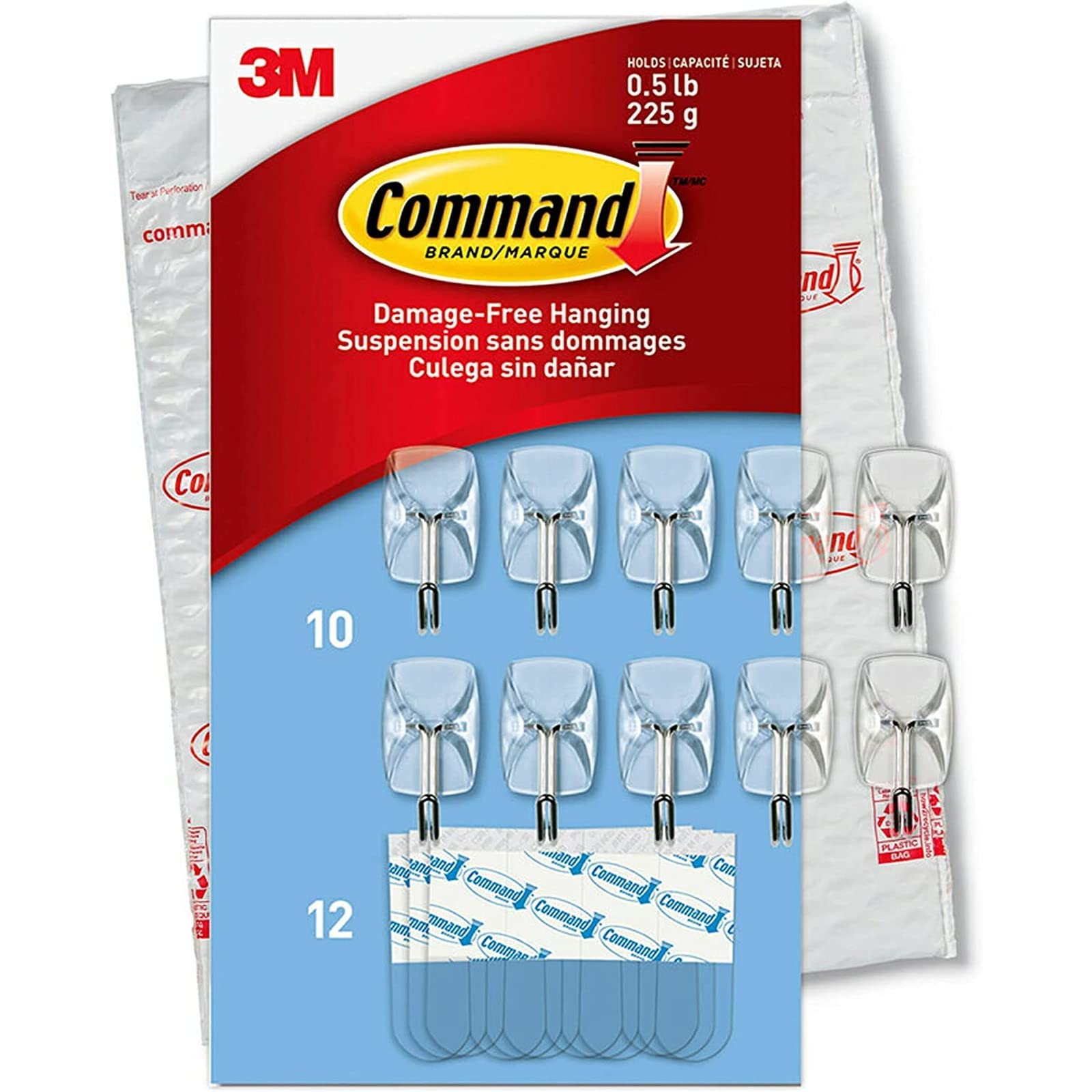 Command Small Wire Toggle Hooks, Damage Free Hanging Wall Hooks with Adhesive Strips, Wall Hooks for Hanging Back to School Dorm Organizers, 10 Clear Hooks and 12 Command Strips
