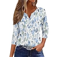 3/4 Length Sleeve Womens Tops Summer Printed Clothes Button Down V Neck Tshirts Loose Fit Fashion T Shirts