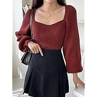Sweetheart Neck Raglan Sleeve Sweater (Color : Burgundy, Size : Small)