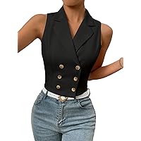 OYOANGLE Women's Solid Double Button Lapel V Neck Sleeveless Crop Vest Blazer Top