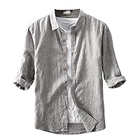 Icegrey Mens Long Sleeve Linen Shirt Striped Solid Color Slim Fit Top