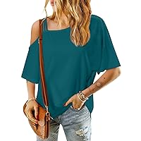 Shirts for Women, Trendy Womens Reveal One Shoulder Solid Color Sexy Mid Sleeve T-Shirt Teacher Shirt, S, XXL