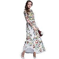 2017 Spring Summer Fashion Embroidery Floral Chiffon Mesh Long Sleeves O-Neck Large Swing Women Long Dress