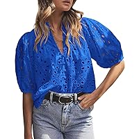chouyatou Women's Puff Sleeve V-Neck Eyelet Lace Summer Tops Blouses Crochet Short Sleeve Cotton T-Shirts
