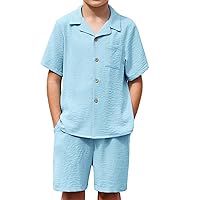 Arshiner Boys 2 Pieces Summer Beach Outfits Short Sleeve Button Down Shirts and Shorts Vacation Texture Sets for Kids