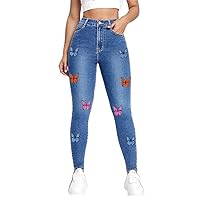 Jeans for Women- Butterfly Print Skinny Jeans (Color : Medium Wash, Size : Medium)