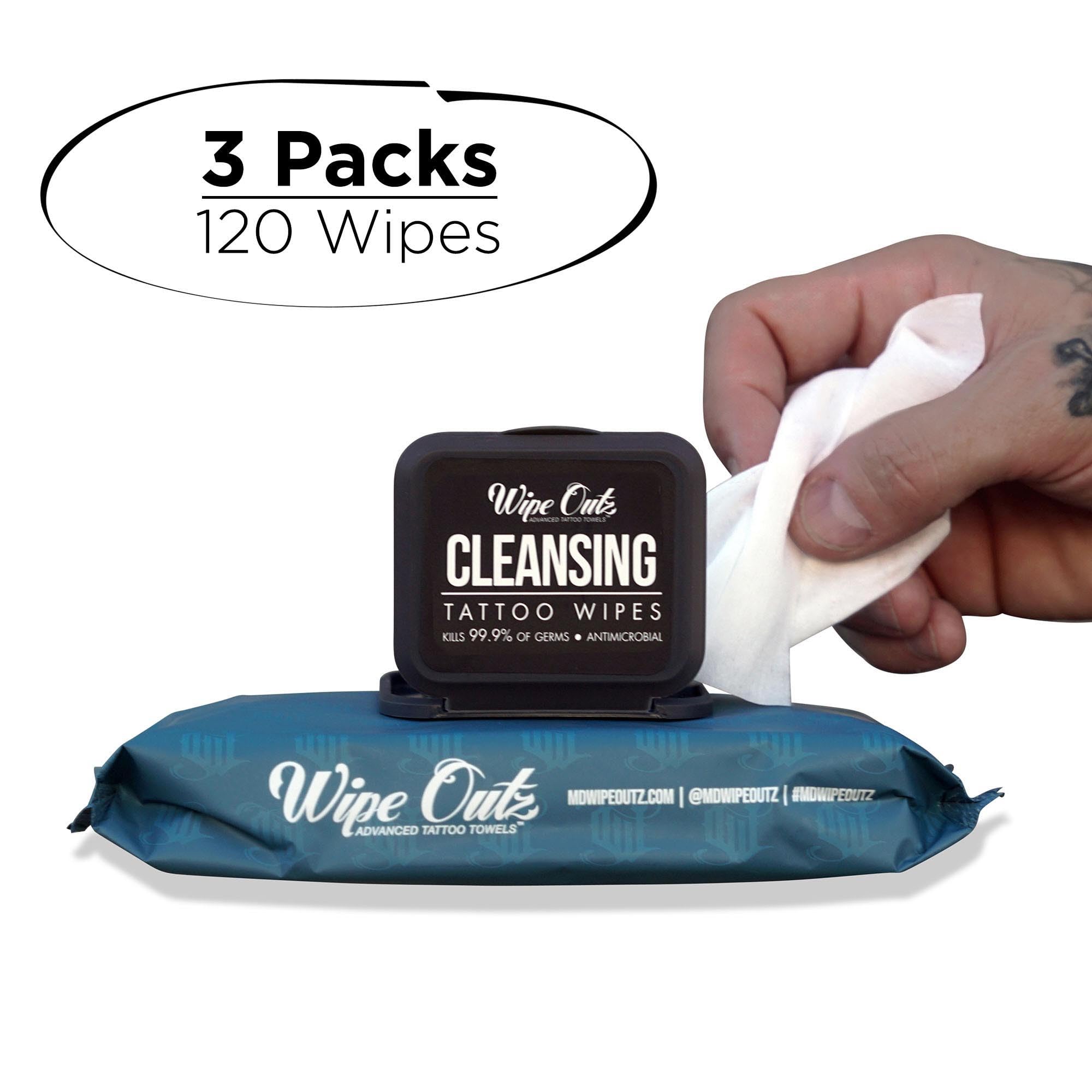 Wipe Outz Cleansing Tattoo Wipes for During Tattooing & Tattoo After Care, All in One Tattoo Cleaning Wipes to Clean Skin, Alcohol Free Tattoo Green Soap Wipes for Tattooing, 120-Count (3 Pack)