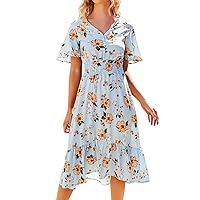 Women's Summer Dresses Casual V Neck Boho Floral Print Dress Ruffle Puff Sleeve High Waist Maxi Beach Dress