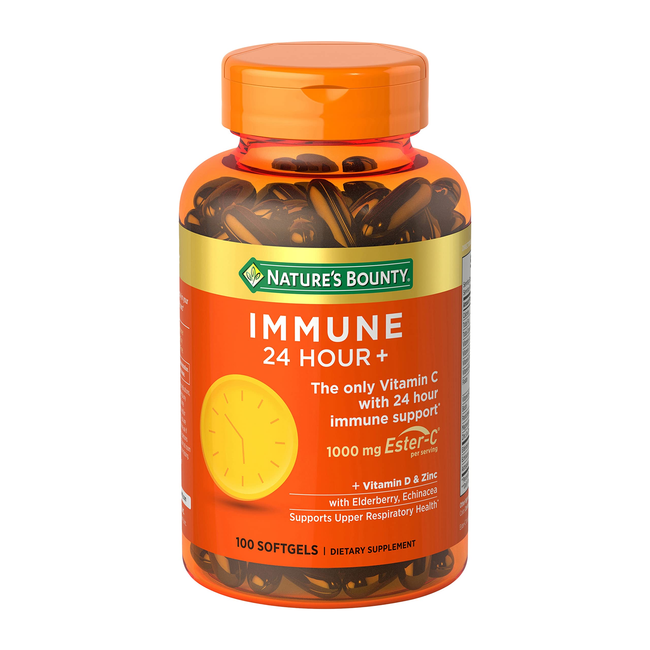 Nature’s Bounty Vitamin C 24 Hour Immune Support with Zinc and Vitamin D, Daily Immune and Upper Respiratory Support, Ester Vitamin C 1000mg Capsules (Softgels), 100 Count