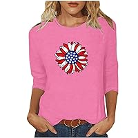 Best Cyber of Monday Deals Novelty Tshirts for Women 3/4 Sleeve Dressy Tops USA Flag Graphic Tees Summer Clothes 4th of July Celebration Tunic Top