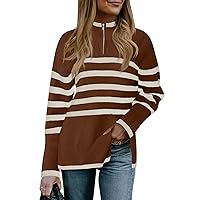 Womens Striped Sweater Quarter Zip Oversized Pullover Sweaters Fall 2023 Trendy