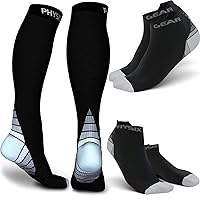 Physix Gear Sport 3 Pairs Compression Socks for Men & Women 2 Pairs Low Cut & 1 Pair Knee High (Black/Grey) S-M Size