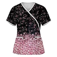 Kawaii Work Scrub Tops for Women Fall Summer Short Sleeve Skew Vneck Neck Top T Shirt Blouse Women 2024
