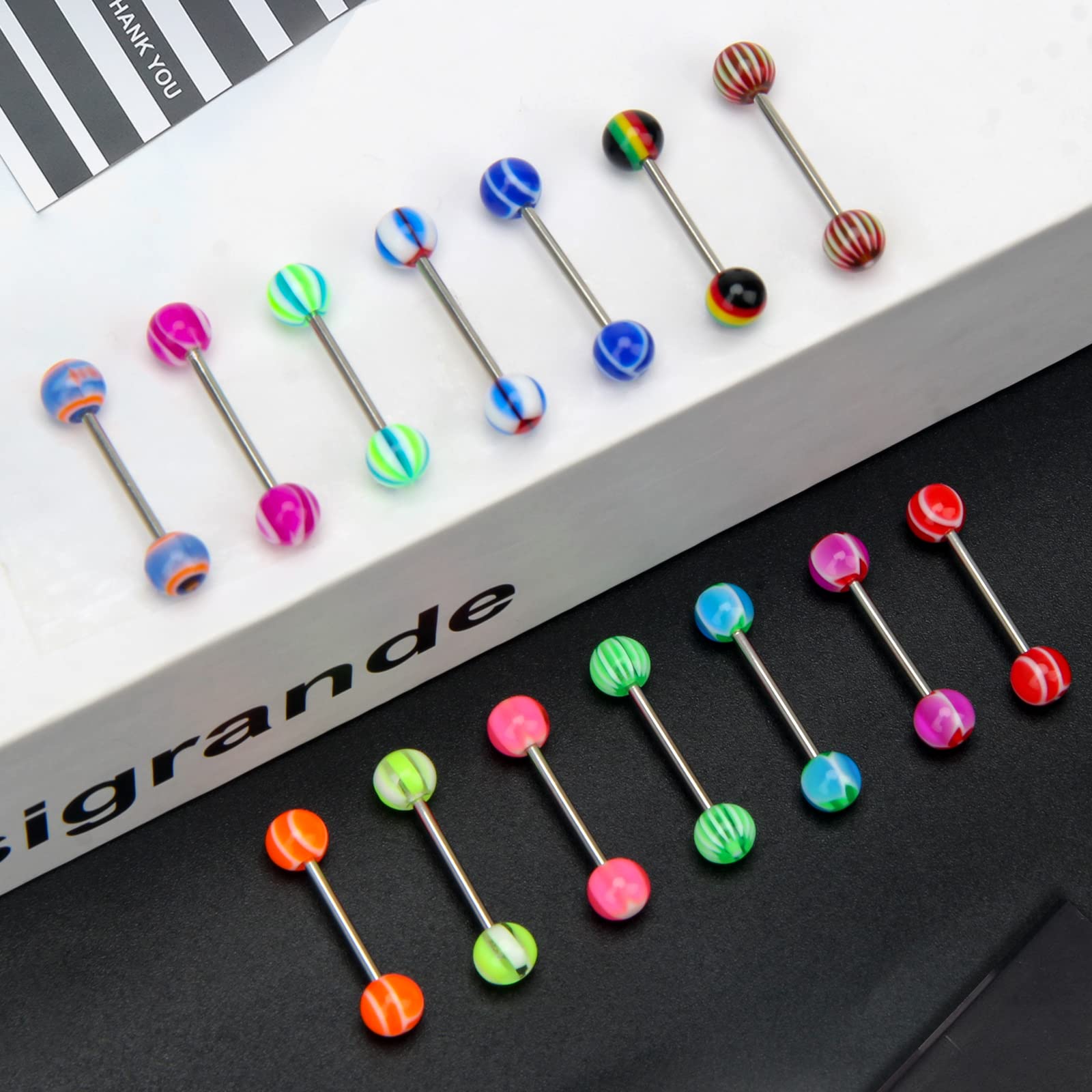 CrazyPiercing 110Pcs Tongue Rings Wholesale 14g Tongue Ring Barbells Assorted Colors for Women Man