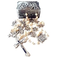 elegantmedical Stations of the Cross Prayer Rosary Real White Pearl Beads Necklace Catholic Gifts Box