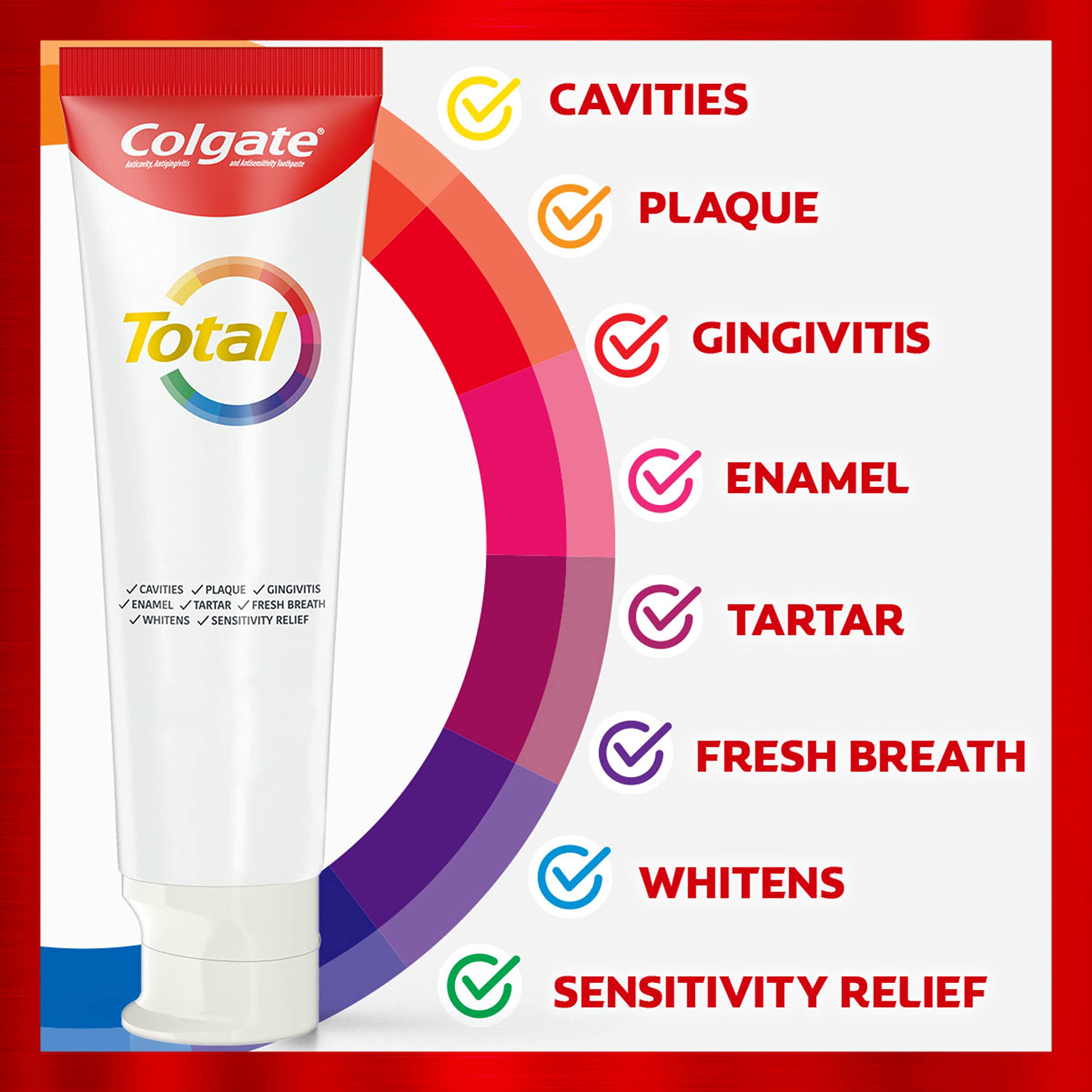Colgate Total Whitening Toothpaste Gel, 10 Benefits, No Trade-Offs, Freshens Breath, Whitens Teeth and Provides Sensitivity Relief, Mint Flavor, 4 Pack, 5.1 Oz Tubes