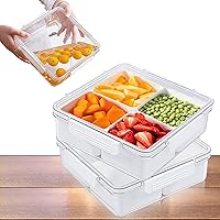 2 Pcs Veggie Tray with Lid Reusable Large Food Storage Containers Square Divided Fruit Vegetable Snack Tray Container with 4 Compartments for Refrigerator