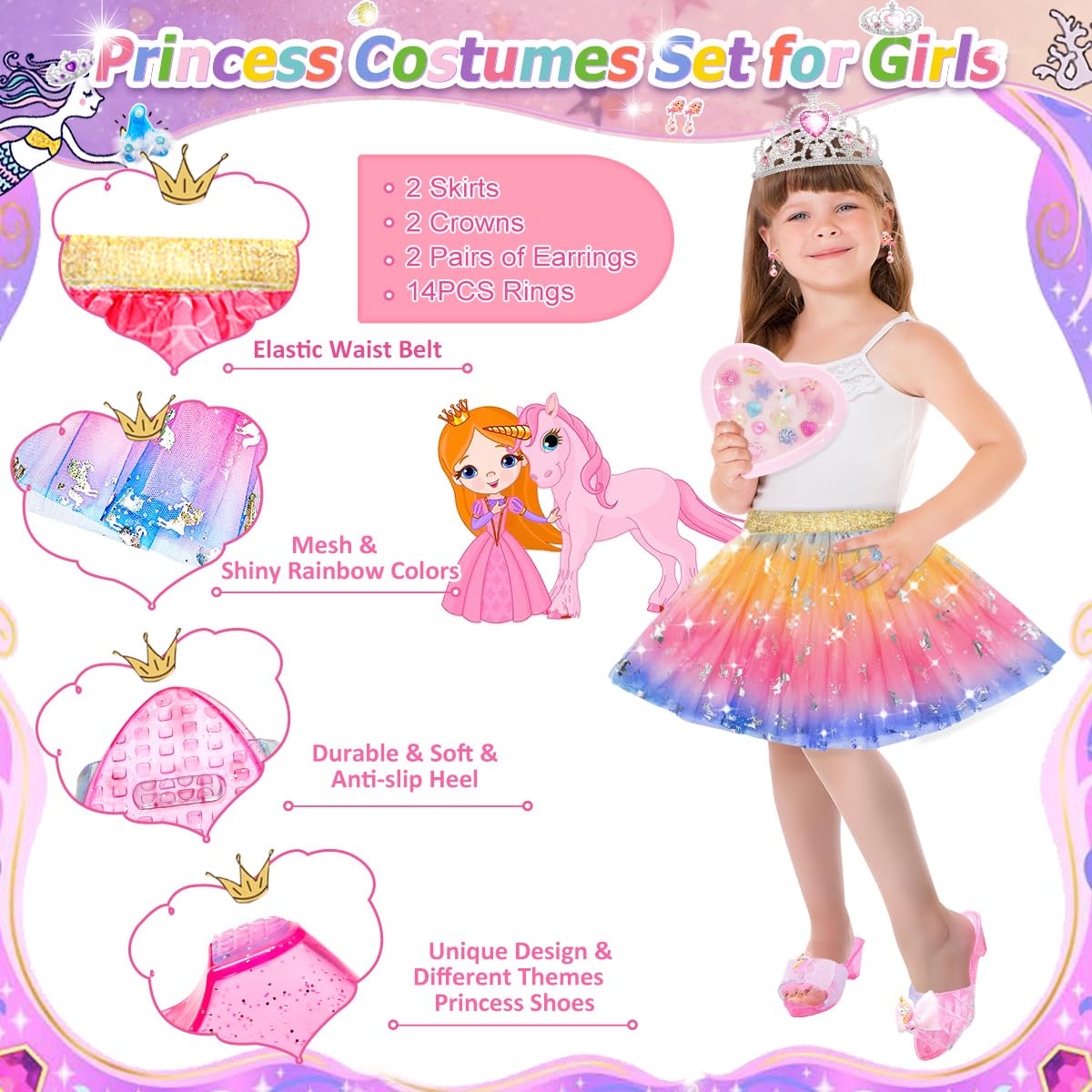 Toys for Girls,Princess Dress Up Clothes for Little Girls,Toddler Princess Girl Toys Age 4-5,Kids Toys for 3 4 5 6 7 Year Old Costume Set with Skirts,Shoes,Crowns,Christmas Birthday Gifts for Girls