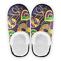 Soft Fuzzy Slippers Colorful Mask Bead Mardi Gras Carnival Purple Holiday For Adult Indoor Outdoor Anti-Skid Warm Cozy Foam Slide Fuzzy Slides