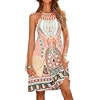 Bluetime Womens Summer Casual Halter Dress Crochet Hollow Out A-line Floral Boho Beach Sundresses with Pockets