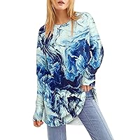 Long Sleeve Going Out Tops for Women, Printed Round Neck Loose Medium Length Leaky Thumb T-Shirt Top Comfort Colors Black Shirt Womens White Casual Skirt Top Shirts Casual (XXL, Blue)