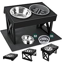 Elevated Dog Bowls with Mat for Large Dogs, 3 Adjustable Heights Raised Pet Bowl Stand Feeder with Slow Feeder Bowl 2 Stainless Steel Food & Water Bowls for for Small Medium Large Dogs