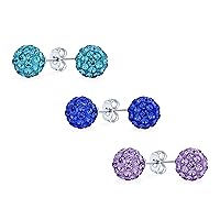 Elegant .925 Sterling Silver Round 8MM Glittering Pave Crystal Disco Ball Stud Earrings for Women Teens in Many Colors