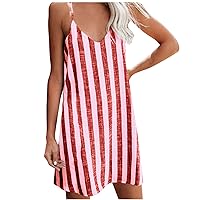 Womens Distressed Stripes Cami Mini Dresses Summer Casual Loose Spaghetti Strap Sleeveless Comfy Swing Sundress