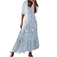 Women V Neck Beach Dress Flowy Boho Style Maxi Sundress Vintage Print Loose Fit Long Dresses Spring Summer Dress