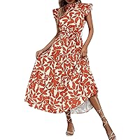 Ruffle Dress Women, Leaf Print Hem Belted Vacation Sleeve for Spring & Summer Women's Clothing Resort, S XXL