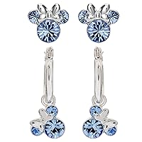 Minnie Mouse December Birthstone Jewelry Set with Silver Plated Light Sapphire Crystal Stud Earrings and Hoop Earrings