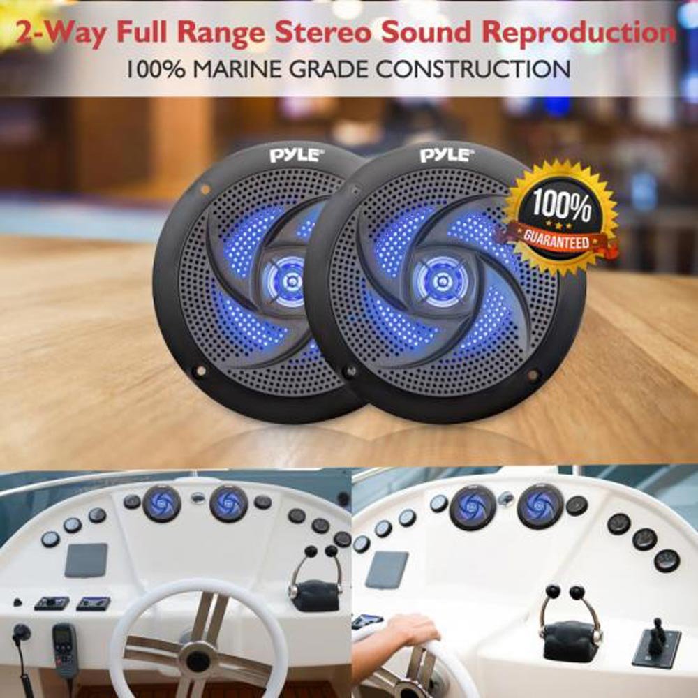 Low-Profile Waterproof Marine Speakers - 100W 4 Inch 2 Way 1 Pair Slim Style Waterproof Weather Resistant Outdoor Audio Stereo Sound System w/ Blue Illuminating LED Lights - Pyle (Black)