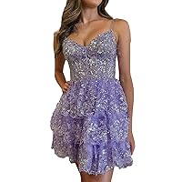 Women's Spaghetti Straps Appliques Sequin Tulle Tiered Homecoming Dresses for Teens Short Layered Cocktail Gowns