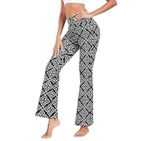 ALAZA Women's Black and White Wide Moroccan Pattern Flare Yoga Pants