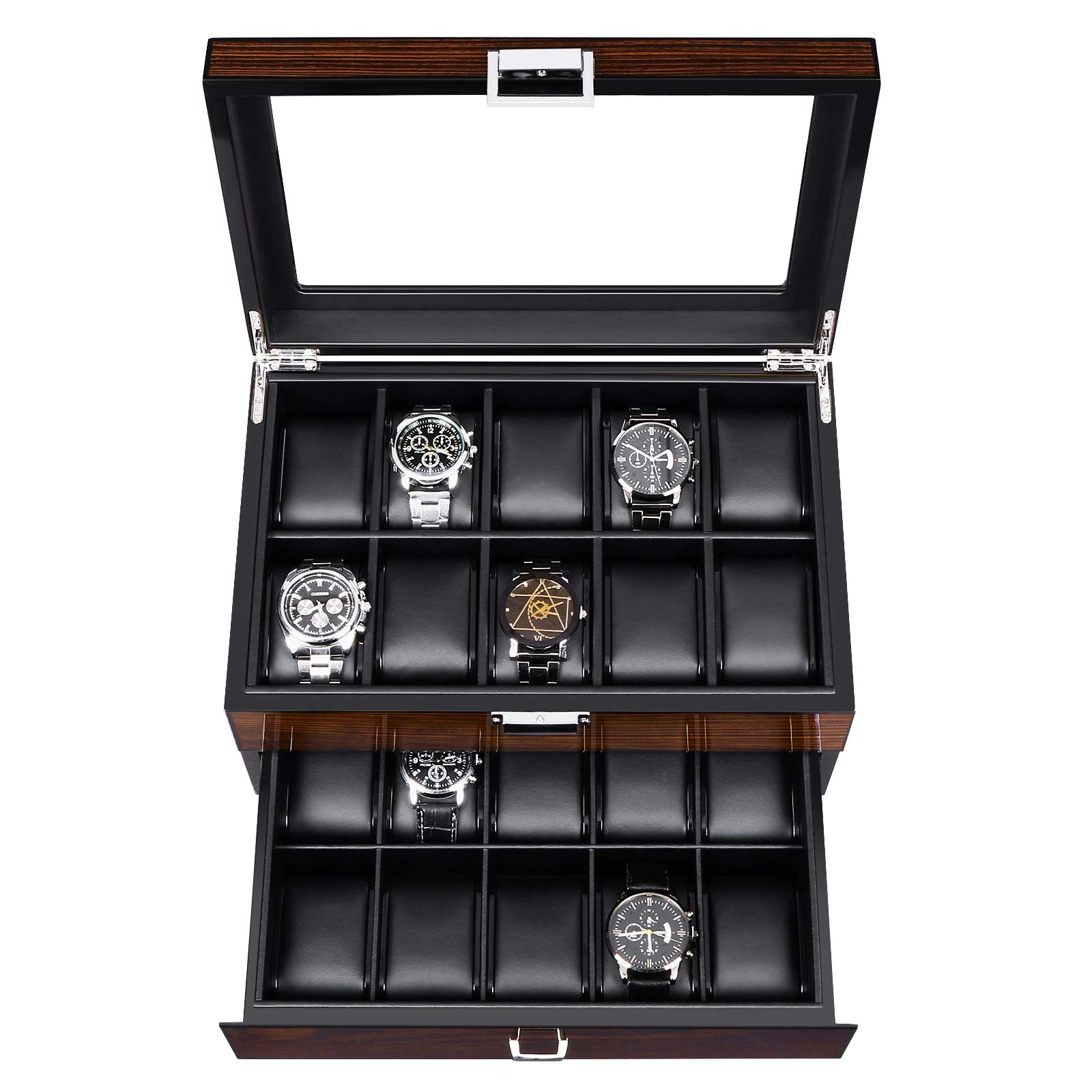 BEWISHOME 20 Slots Watch Case for Men Luxury Watch Organizer with Glass Top & 6 Watch Case and 3 Slots Sunglasses Box for Men