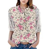 XJYIOEWT Going Out Tops for Women Curvy Women's Retro Artistic Floral Print Round Neck Buttoned Pullover Mid Length Lac