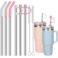 6 Straws with Cover for Stanley Tumbler - Reusable Stainless steel Metal with Silicone Stopper, Perfect for Stanley 40oz Accessories (12 Inch 3 Straight + 3 Bent Straws Fit 40oz)