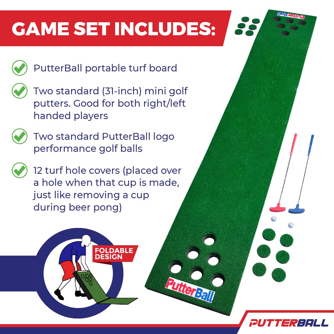 PutterBall Golf Pong Game Set The Original - Includes 2 Putters, 2 Golf Balls, Green Putting Pong Golf Mat & Golf Hole Covers - Best Backyard Party Golf Game Set